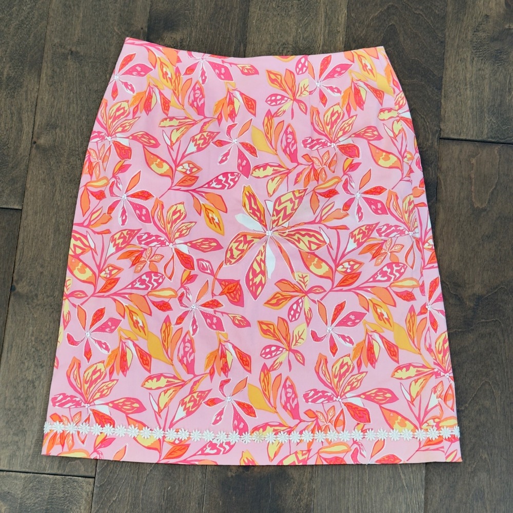 Jade Melody Tam Pink Floral Cotton Stretch Pencil Skirt Lace Trim Size 4 Beaded‎
